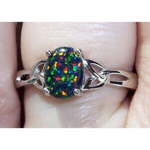 925 STERLING SILVER Lab Created Green Black Opal Ring